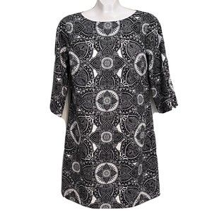 Banana Republic Black White Gray Print Dress Size 6 Sheath Shift 3/4 Sleeve
